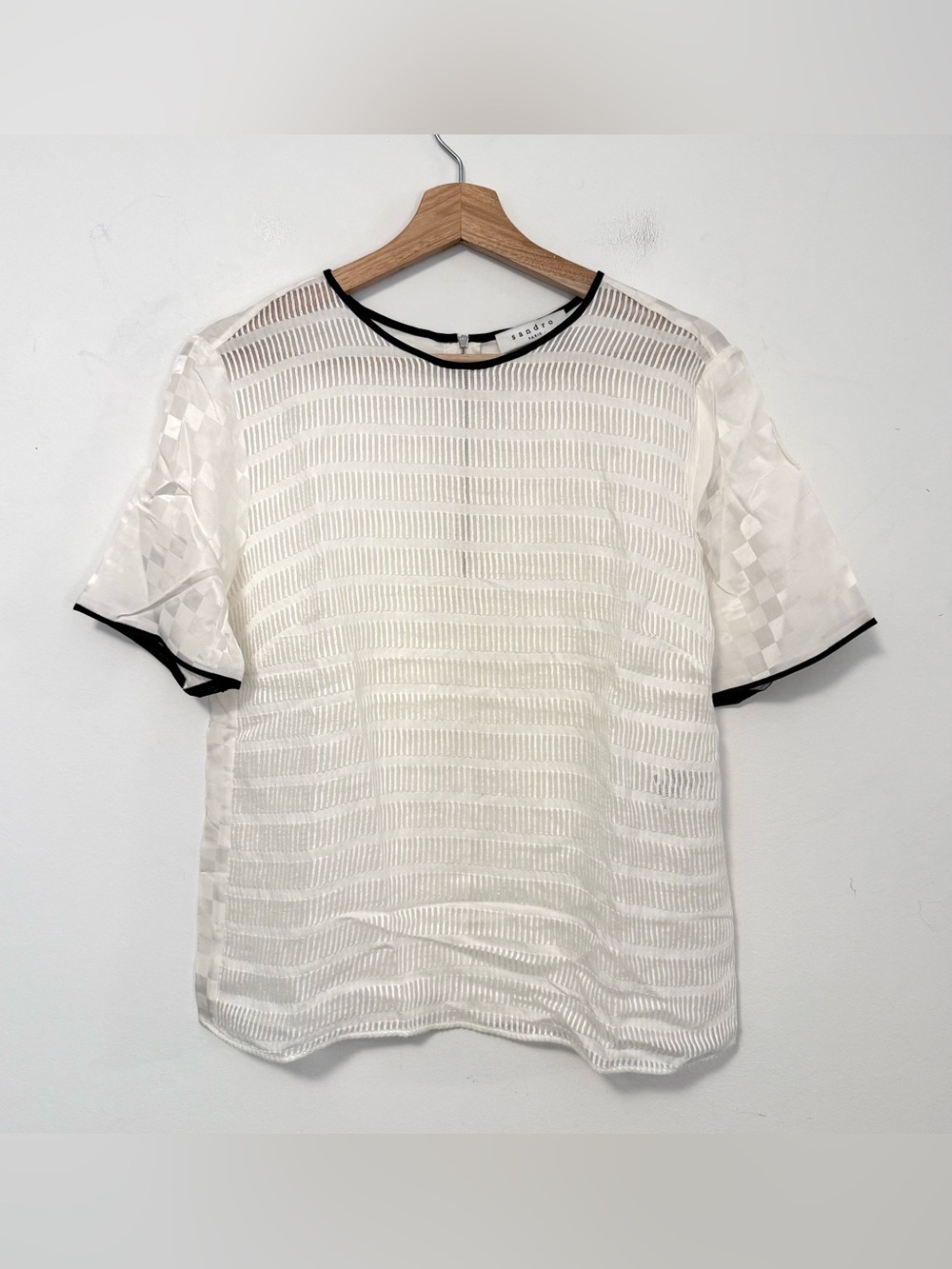 Sandro Paris Size 3 US Large White Sheer Stripe Silk Blouse Black Trim